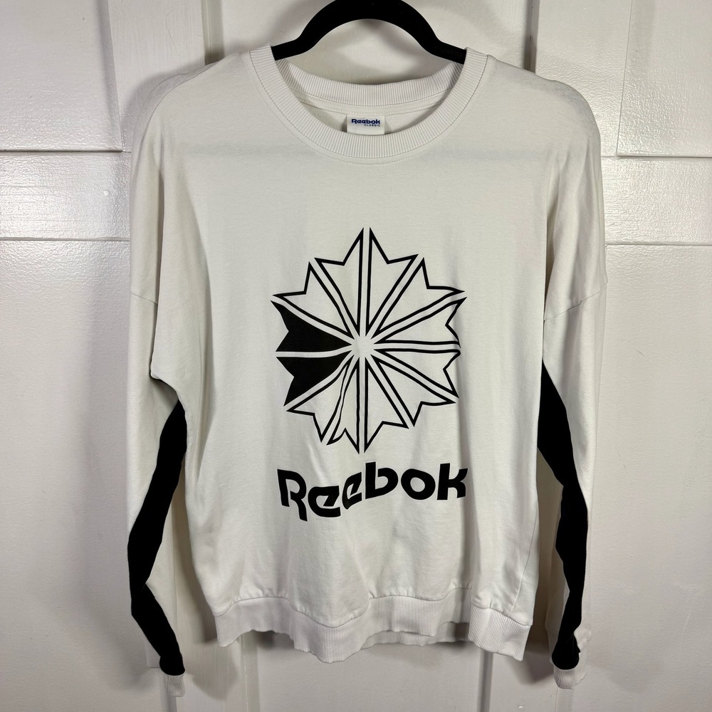 Reebok Classic White Black Logo Crewneck Sweatshirt Pullover Athletic‎ M